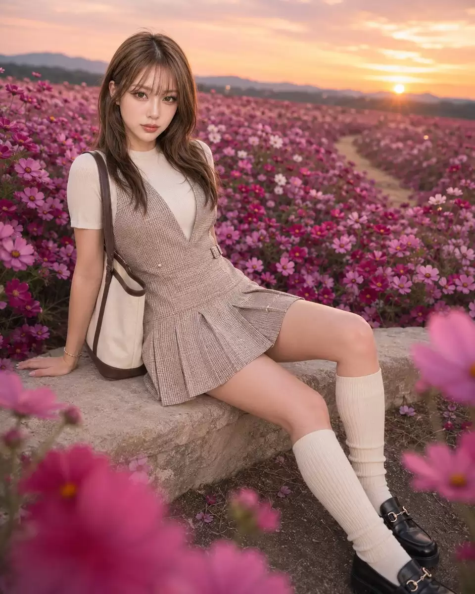 玫瑰波斯菊田里的时尚人像