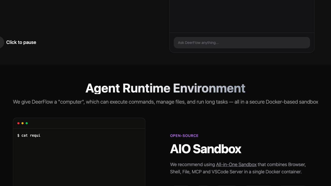 DeerFlow 官网 Agent Runtime Environment 区域,展示 AIO Sandbox 与命令执行环境
