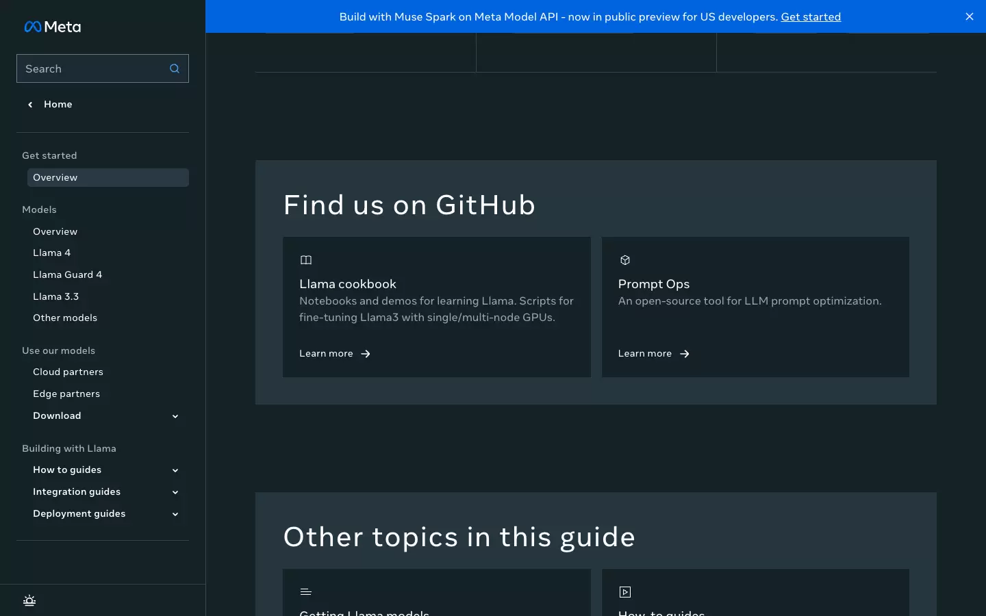 Meta Llama 文档 Find us on GitHub 区域,显示 Llama cookbook 和 Prompt Ops 两个官方资源卡片