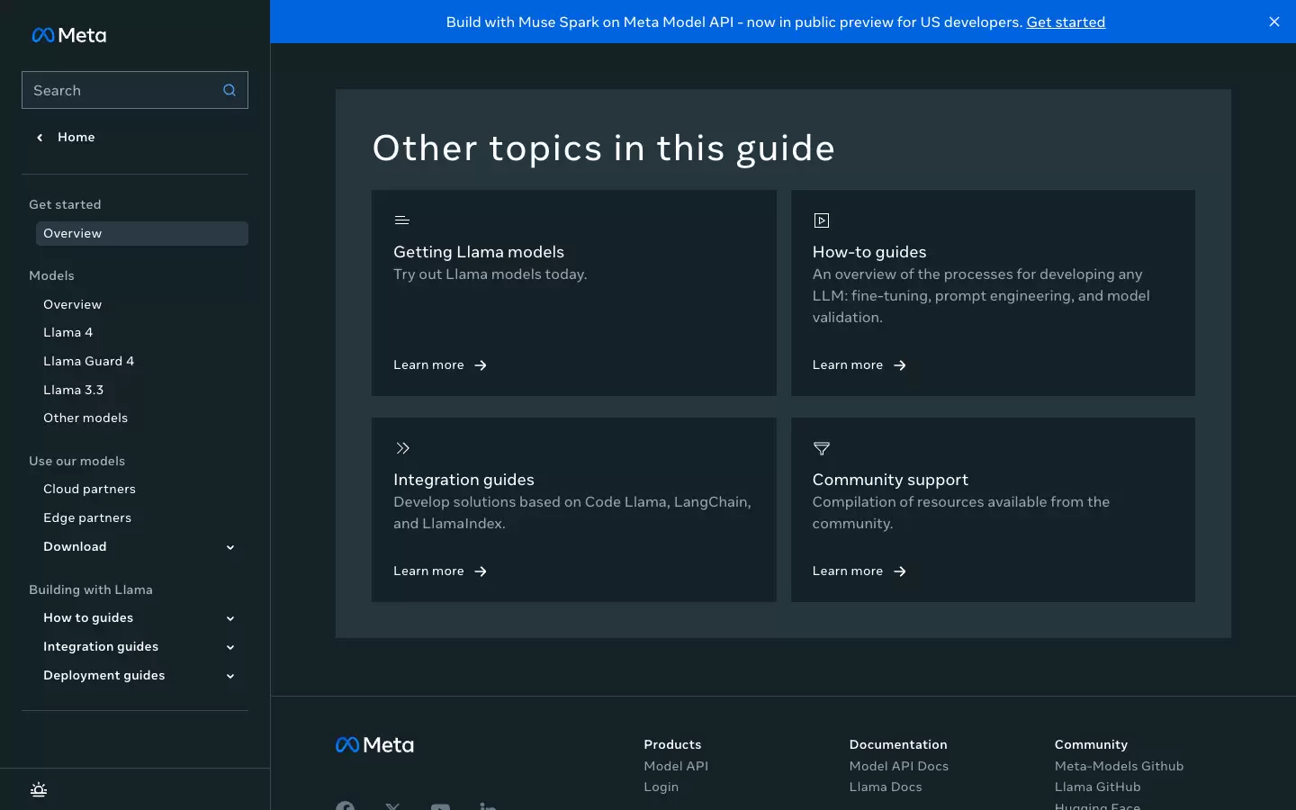 Meta Llama 文档 Other topics in this guide 区域,显示 Getting Llama models、How-to guides、Integration guides 和 Community support