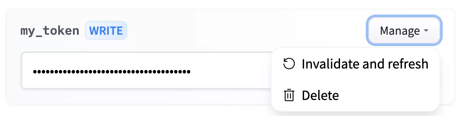 Hugging Face Access Token 的 Manage 菜单,包含 Invalidate and refresh 与 Delete