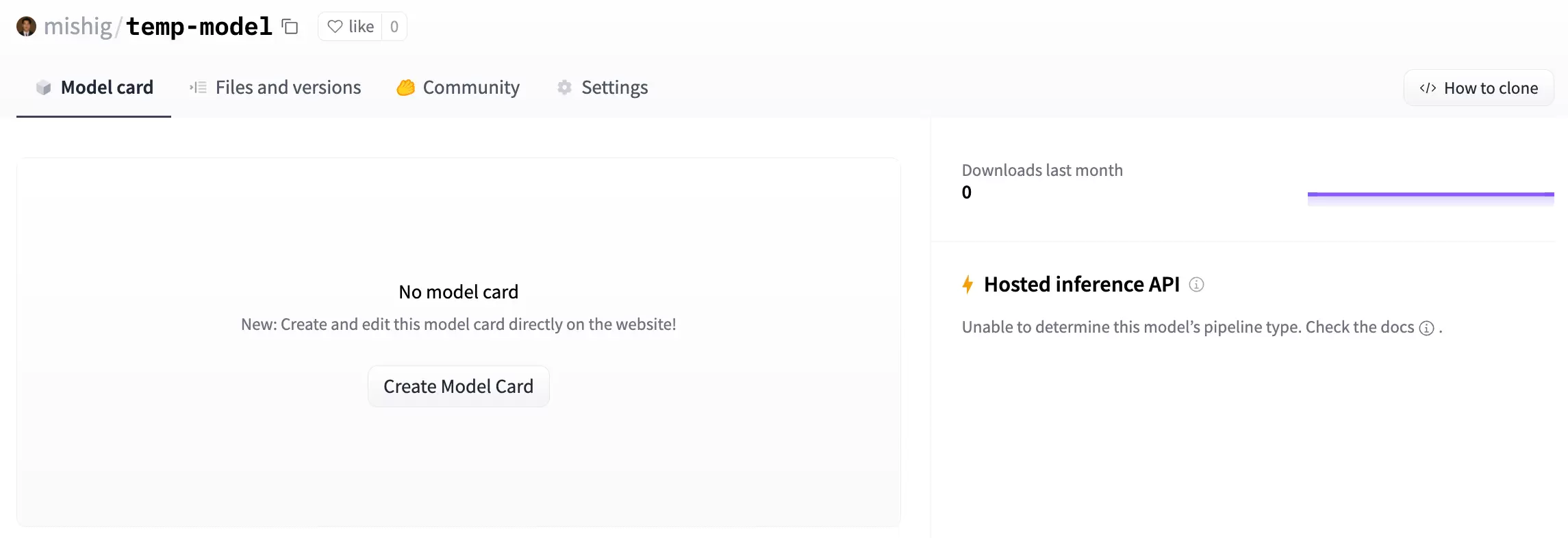 新建后的 Hugging Face 空模型仓库页面,显示 Model card、Files and versions、Community 和 Settings
