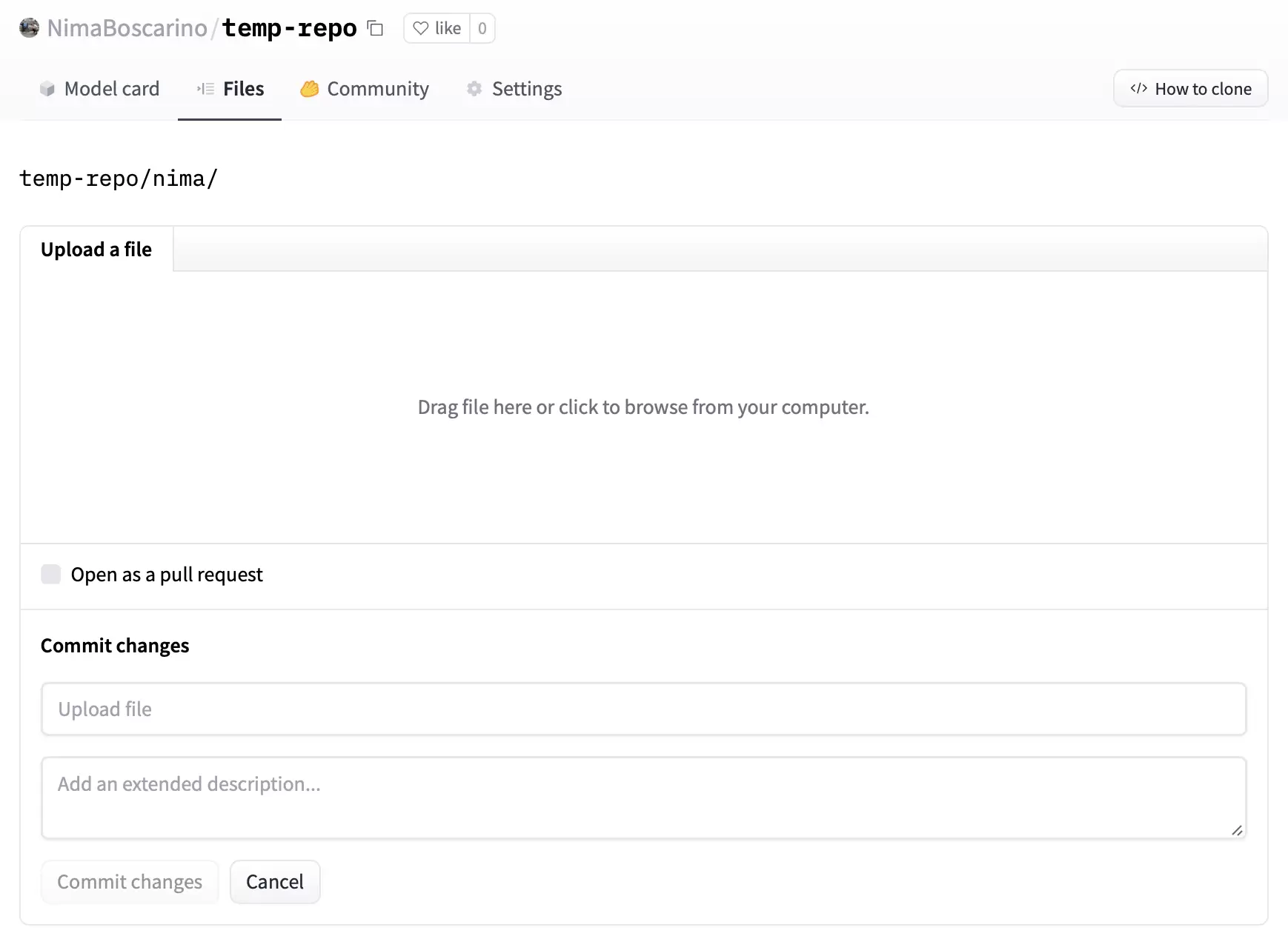 Hugging Face Upload a file 页面,包含拖放区、提交标题、说明、Open as a pull request 和 Commit changes