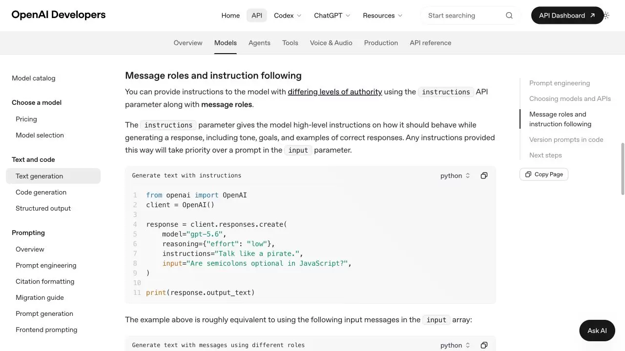 OpenAI 官方文本生成页面显示 instructions 高于 input 的说明及 Python 请求示例