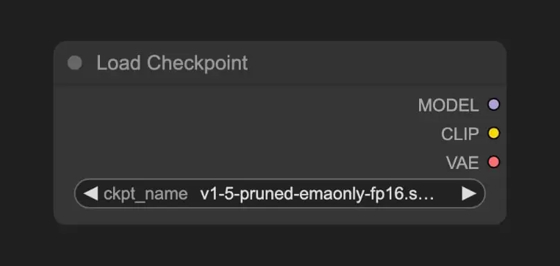 ComfyUI Load Checkpoint 节点显示 checkpoint 文件选择框以及 MODEL、CLIP、VAE 输出