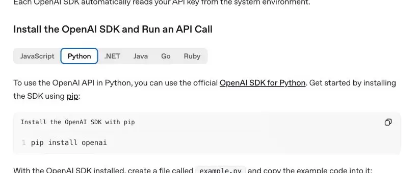 OpenAI 快速开始页面选中 Python 并显示 pip install openai 安装命令
