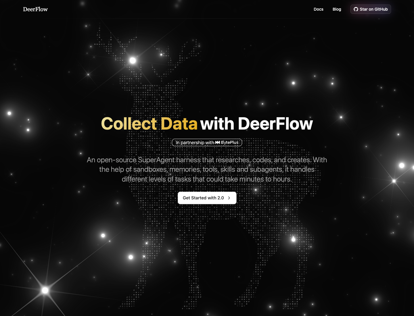 DeerFlow 官网首页展示 SuperAgent harness 和 Get Started with 2.0 入口