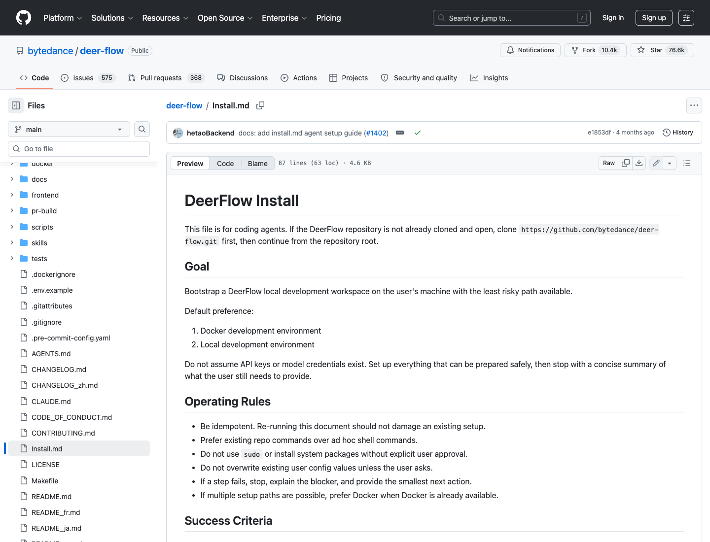 DeerFlow Install.md 页面展示优先 Docker、本地开发兜底和不假设 API key 的安装规则