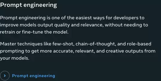 Meta Llama How-to guides 中的 Prompt engineering 卡片,列出少样本、思维链和角色提示