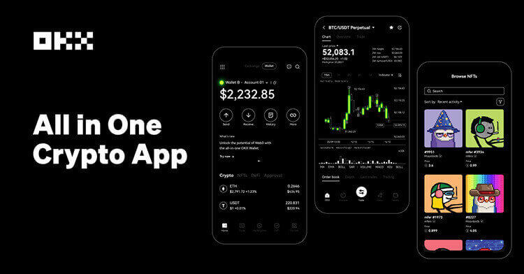 OKX 官方 iOS 下载展示图,展示 App 内资产、行情和 Web3 功能界面