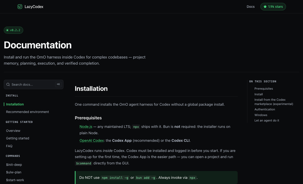 LazyCodex 官方文档页，展示 Installation、Prerequisites 和不要使用 npm install -g 的提示