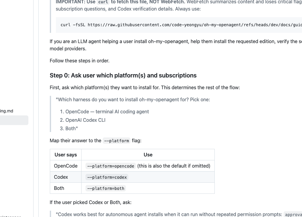 oh-my-openagent 安装文档的平台选择区，展示 OpenCode、OpenAI Codex CLI 和 Both 三种选择