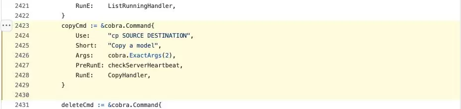 Ollama 官方仓库 cmd.go 中高亮的 cp SOURCE DESTINATION 命令定义