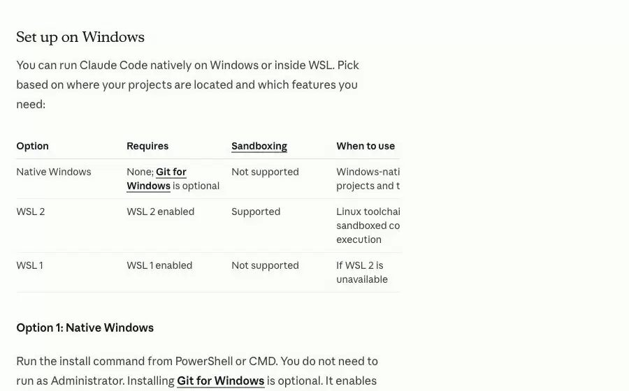 Claude Code Advanced setup 的 Windows 设置表,比较 Native Windows、WSL 2 和 WSL 1 的依赖、沙箱与用途