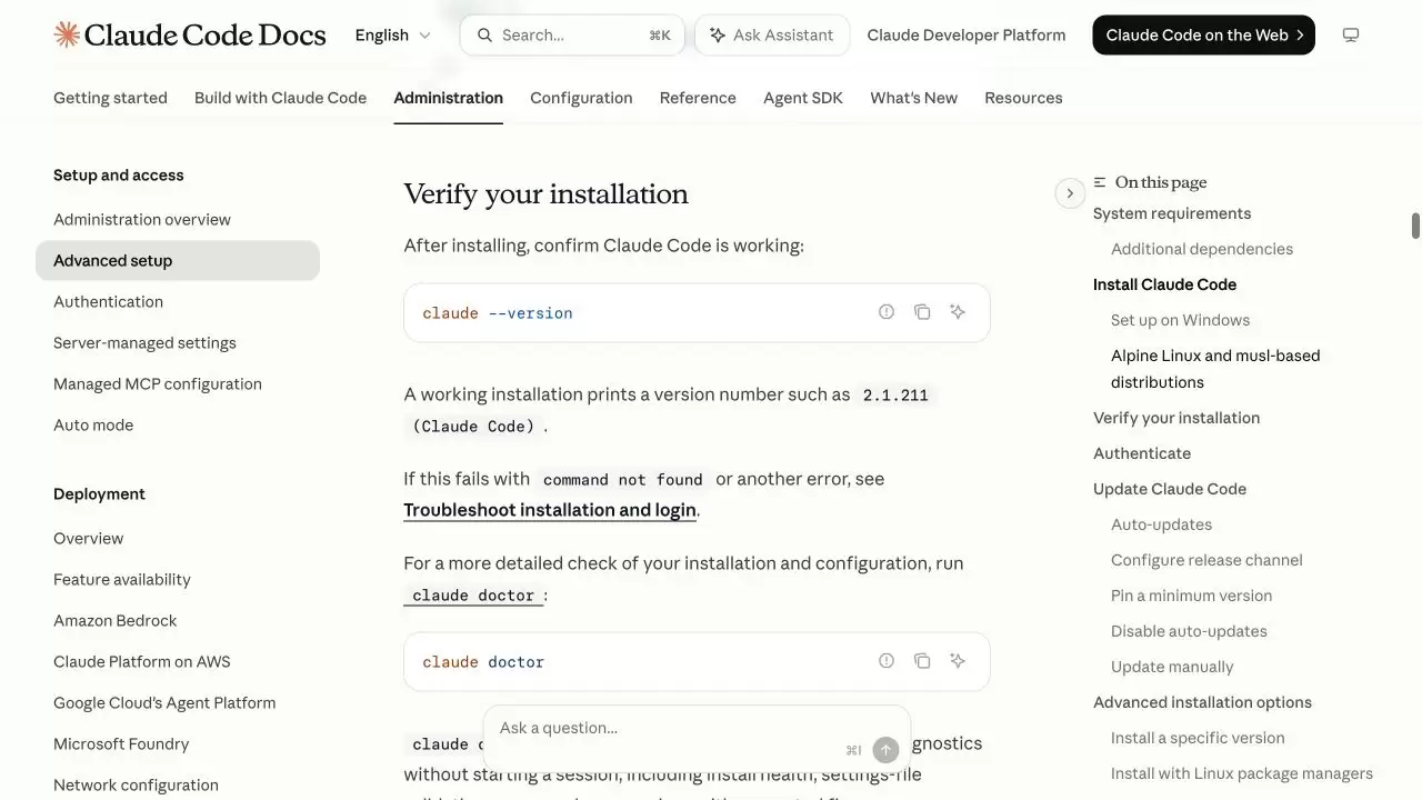 Claude Code Advanced setup 的验证区域,显示 claude --version 与 claude doctor 命令及成功说明