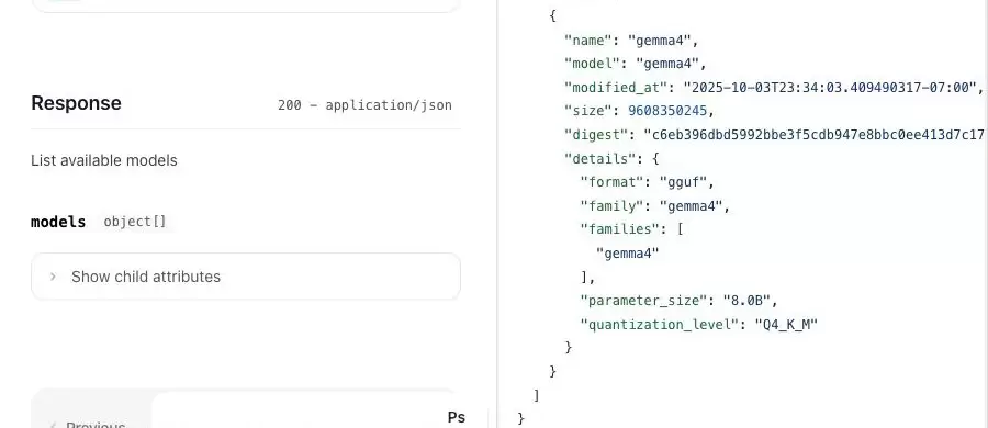 Ollama API Reference 的模型列表响应，显示 name、size、digest、format、family、parameter_size 和 quantization_level 字段