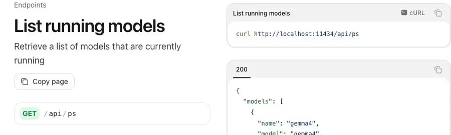 Ollama API Reference 的 List running models 页面，显示 GET /api/ps 和本机 curl 请求
