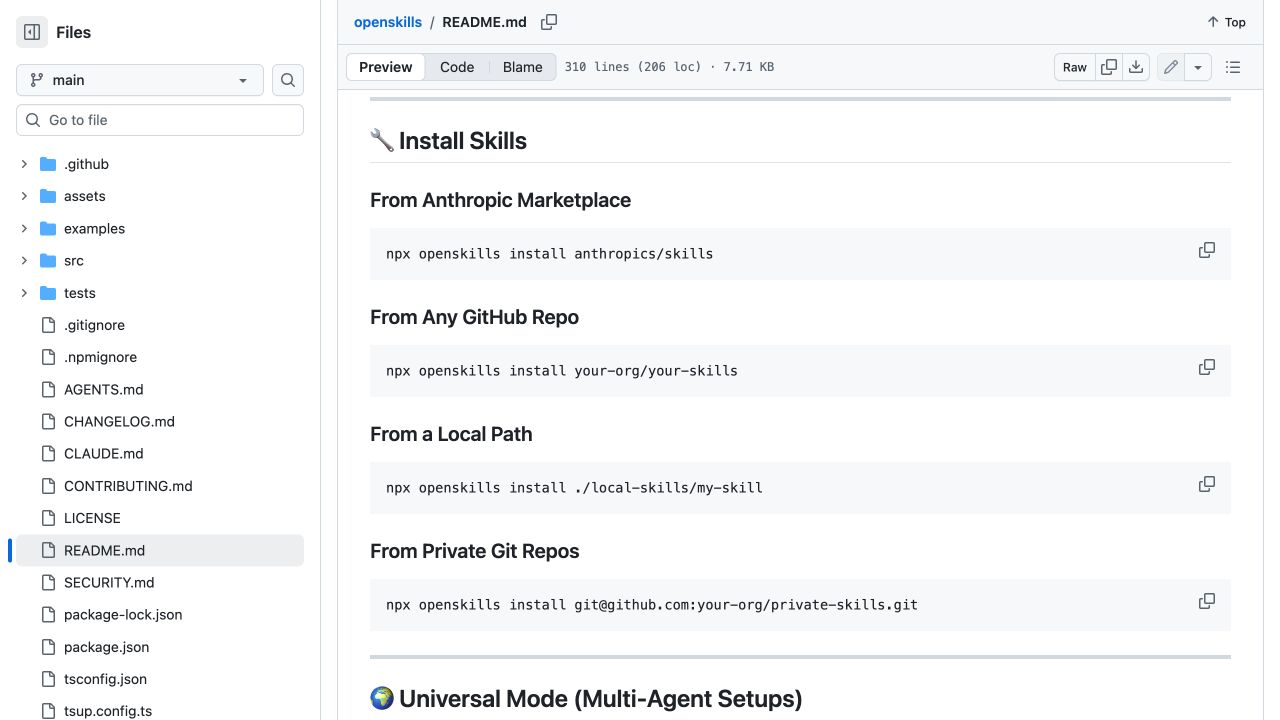 OpenSkills 官方 README 展示 Anthropic、GitHub、本地路径和私有仓库四种安装来源