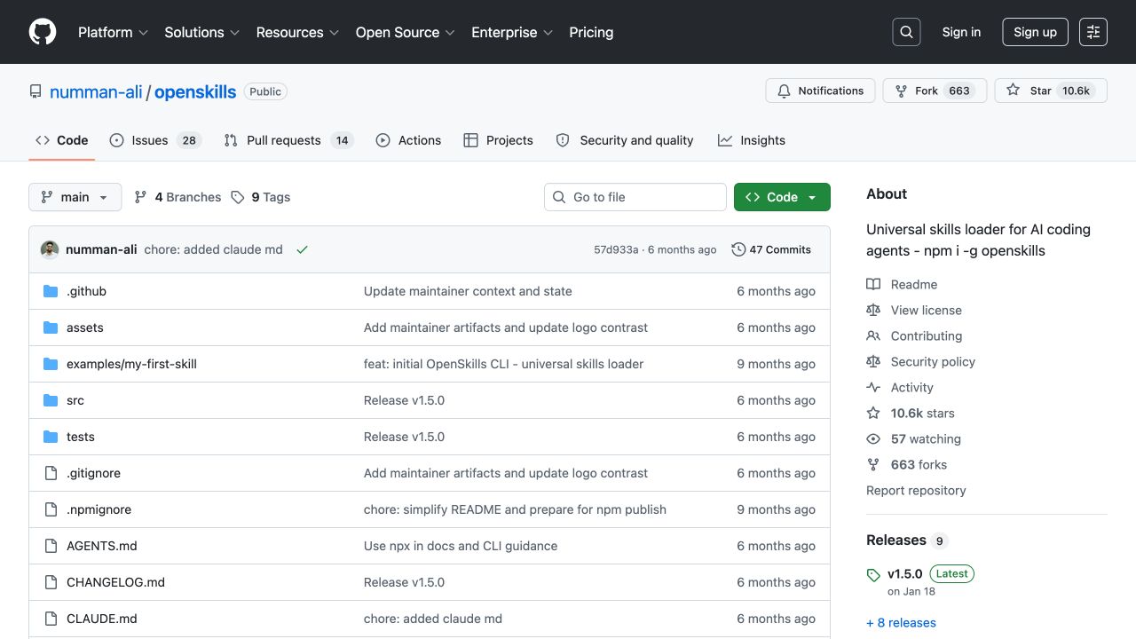 OpenSkills 官方 GitHub 仓库页面显示所有者、项目文件、许可证和最新发布入口