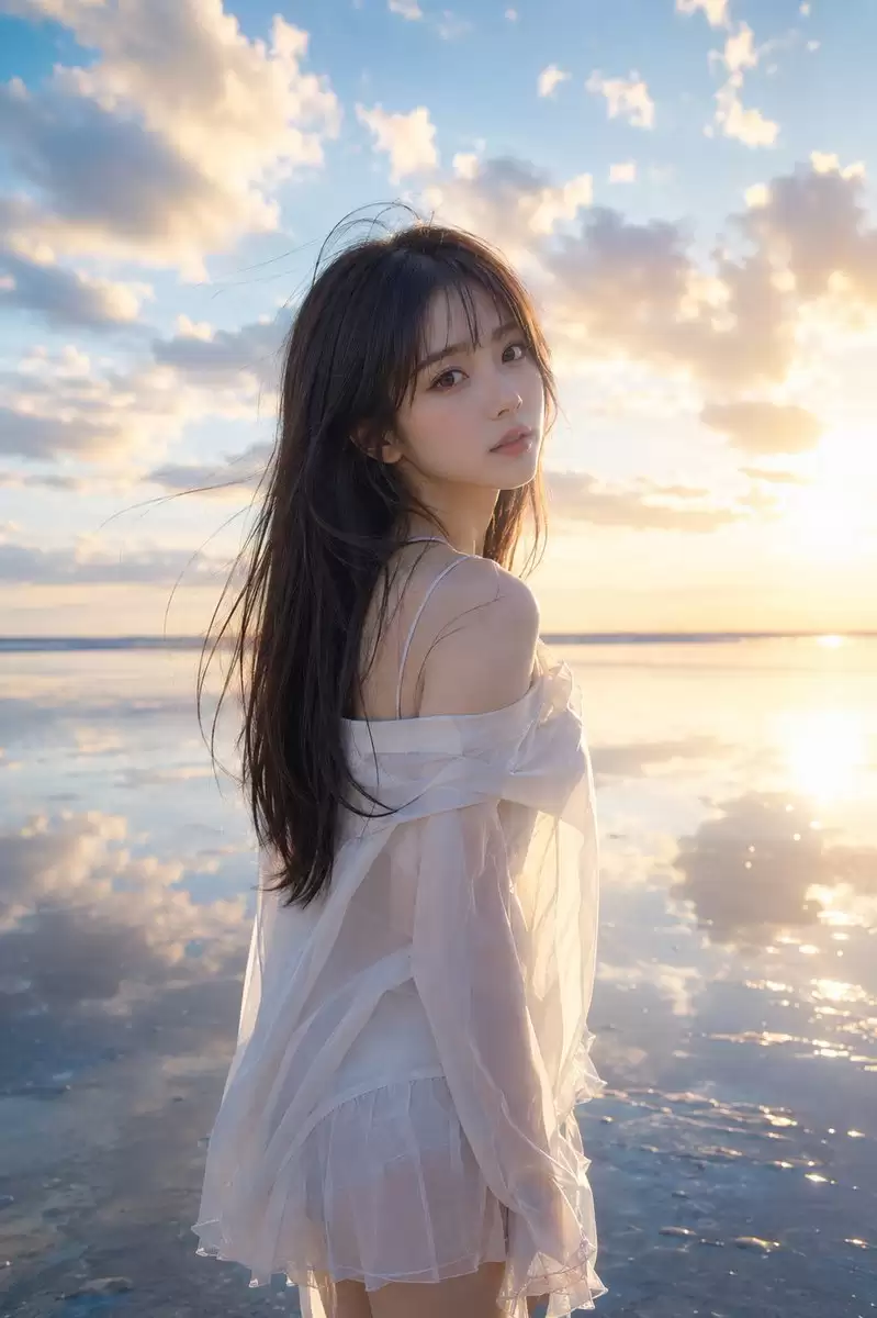 海滩日落倒影人像