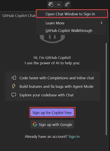 Visual Studio 的 Copilot Chat 和状态菜单显示 Open Chat Window to Sign In 与 Sign up for Copilot Free