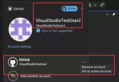 Visual Studio 账号菜单显示一个 GitHub 账号为 Active，并提供 Set as active account