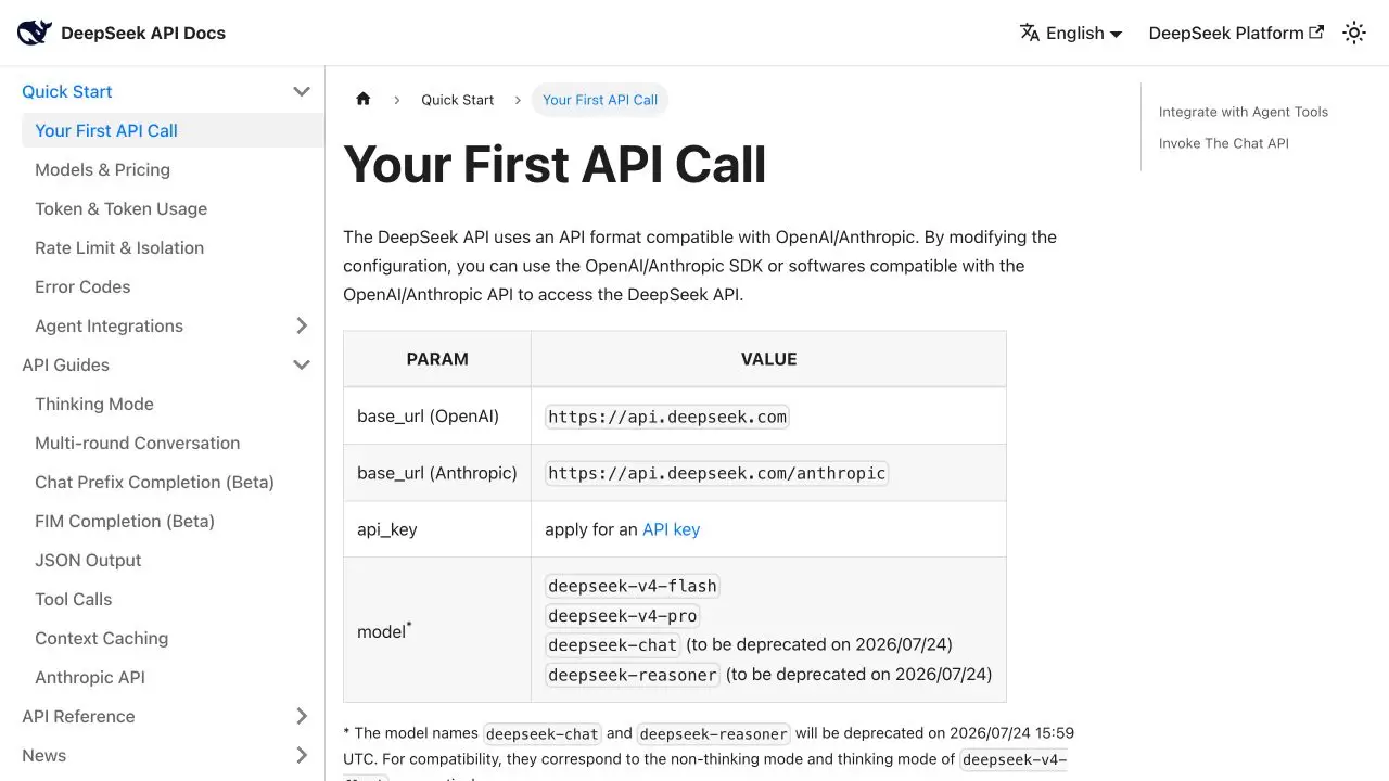 DeepSeek API 快速入门表格显示 OpenAI 兼容地址、API Key 入口、当前 V4 模型和旧模型停用日期
