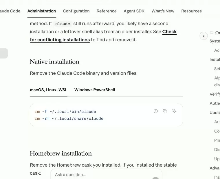 Claude Code 官方卸载页的 Native installation 区域，显示 macOS、Linux、WSL 的两条删除命令
