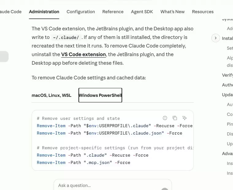 Claude Code 官方卸载页的 Windows PowerShell 配置清理标签，区分用户级与项目级删除命令