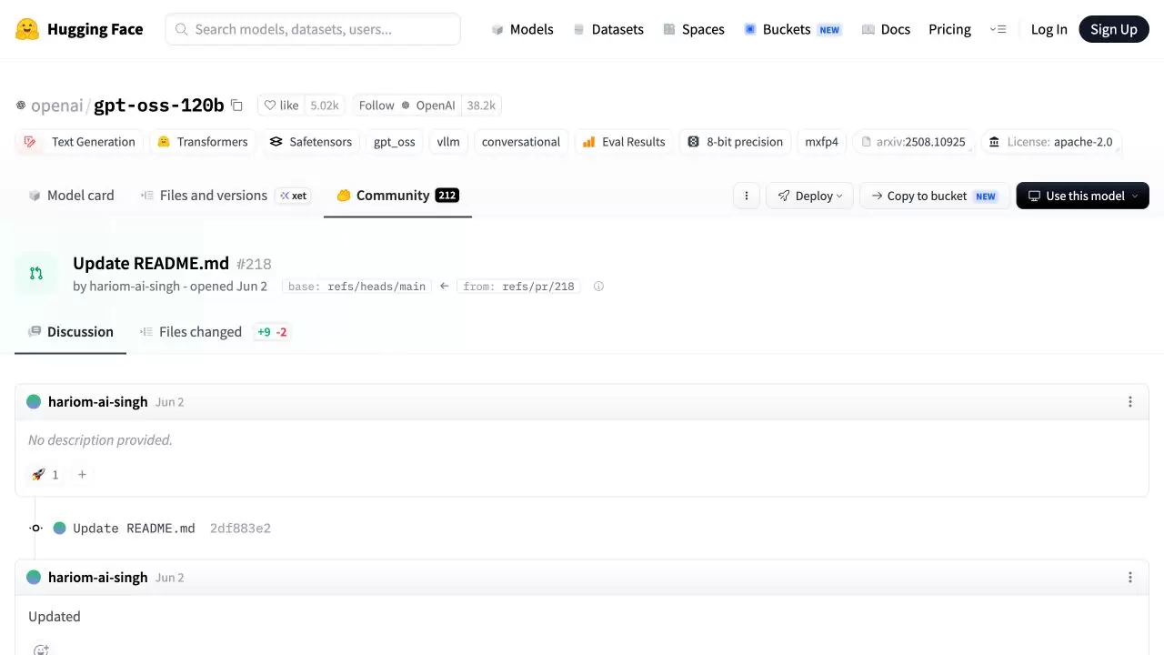 Hugging Face Pull Request 详情页，标题下显示 base 主分支与来源 refs/pr/218，并有 Discussion 和 Files changed 标签