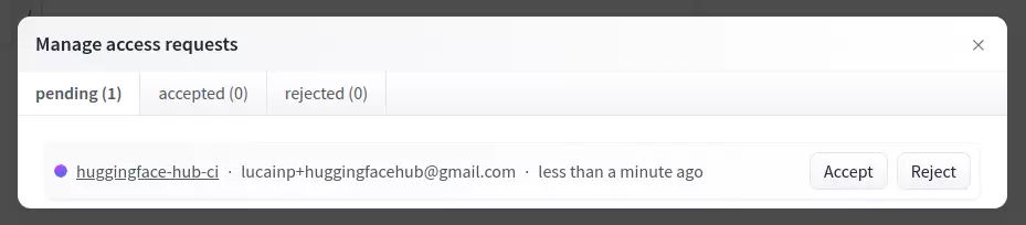 Manage access requests 弹窗的 pending、accepted、rejected 标签及 Accept、Reject 按钮