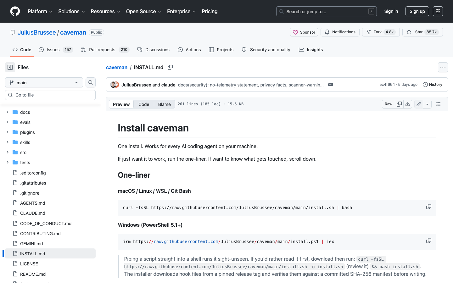 JuliusBrussee/caveman INSTALL.md 页面，展示 macOS、Linux、WSL、Windows 的一行安装命令