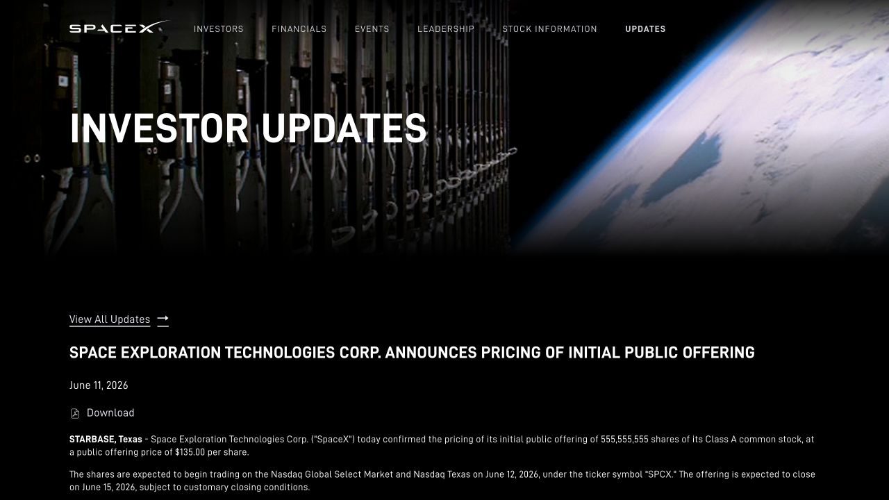 SpaceX投资者关系页面确认公司股票在纳斯达克使用SPCX代码
