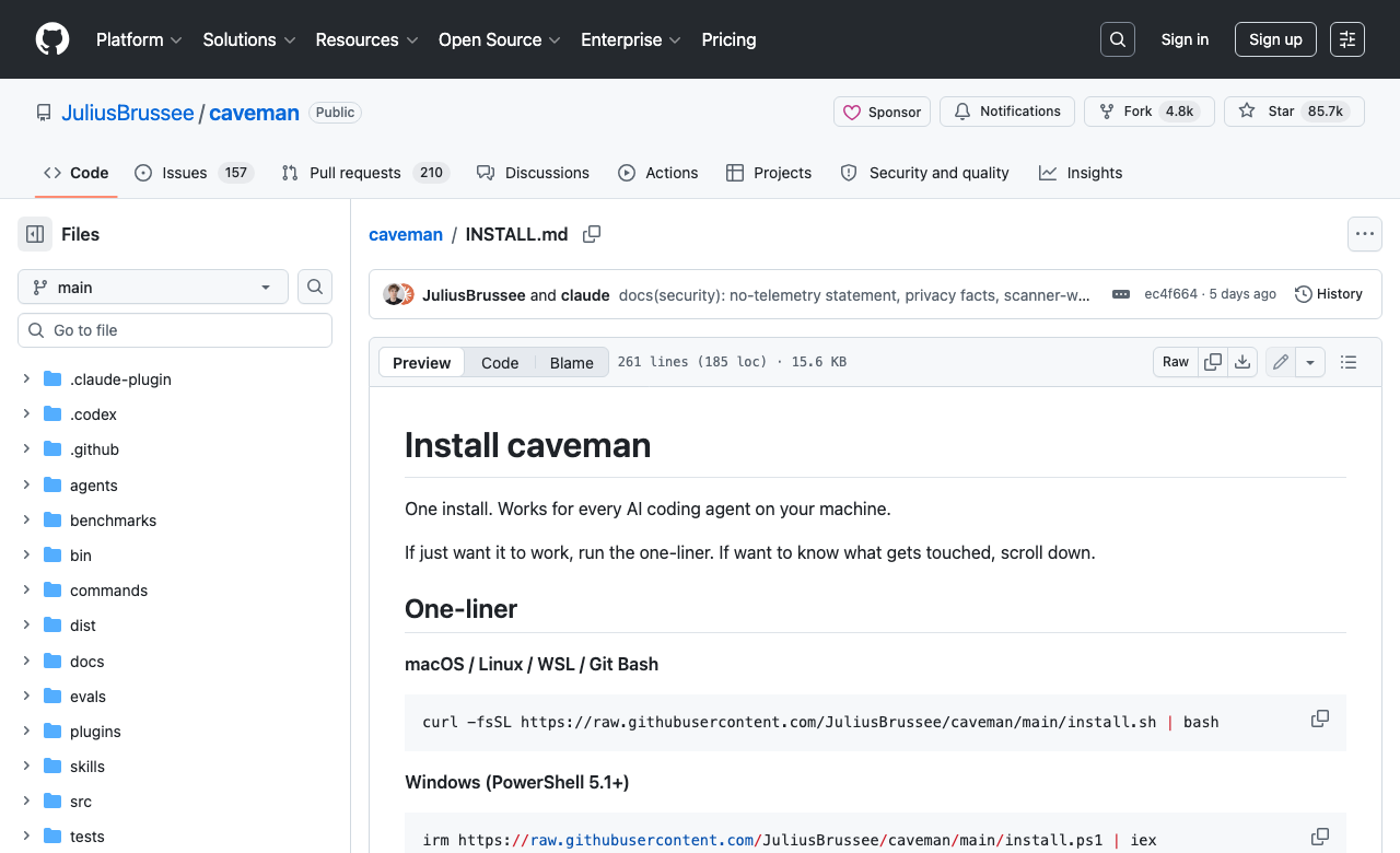 caveman 官方 INSTALL.md 页面，展示 Install caveman 和一行安装脚本