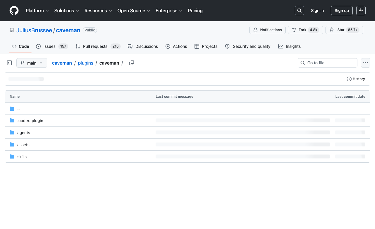 caveman 官方 GitHub 插件目录页面，展示 plugins/caveman 下的 codex-plugin、agents、assets 和 skills 文件夹