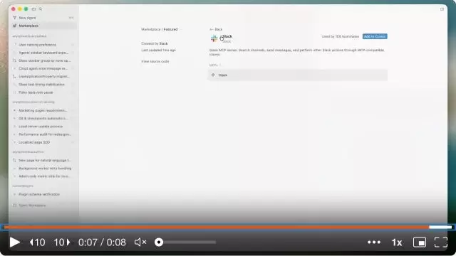 Cursor Marketplace 中 Slack 插件详情页的 Add to Cursor 按钮