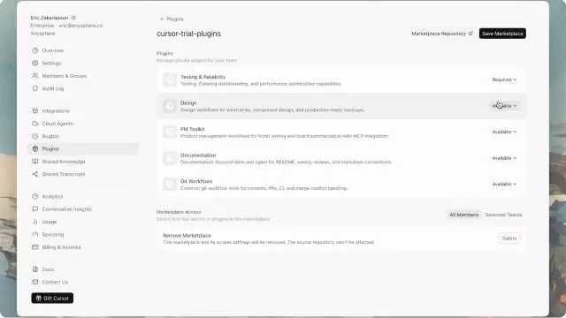 Cursor 团队插件市场设置页中的 Required、Available 安装模式和 Marketplace Access