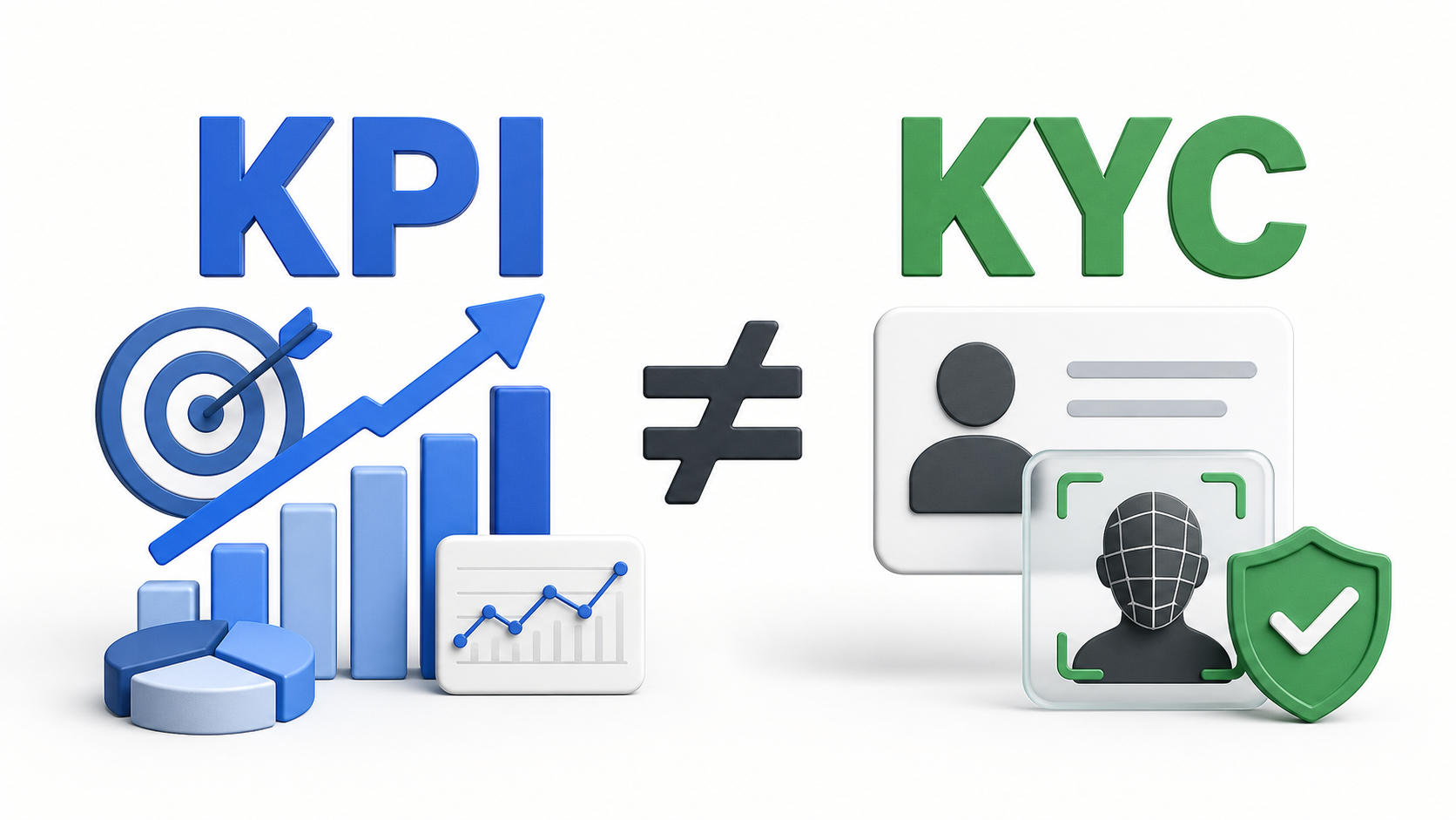KPI 与 KYC 不相等的对照图：左侧是绩效目标和增长图表，右侧是身份卡、人脸核验和安全盾牌