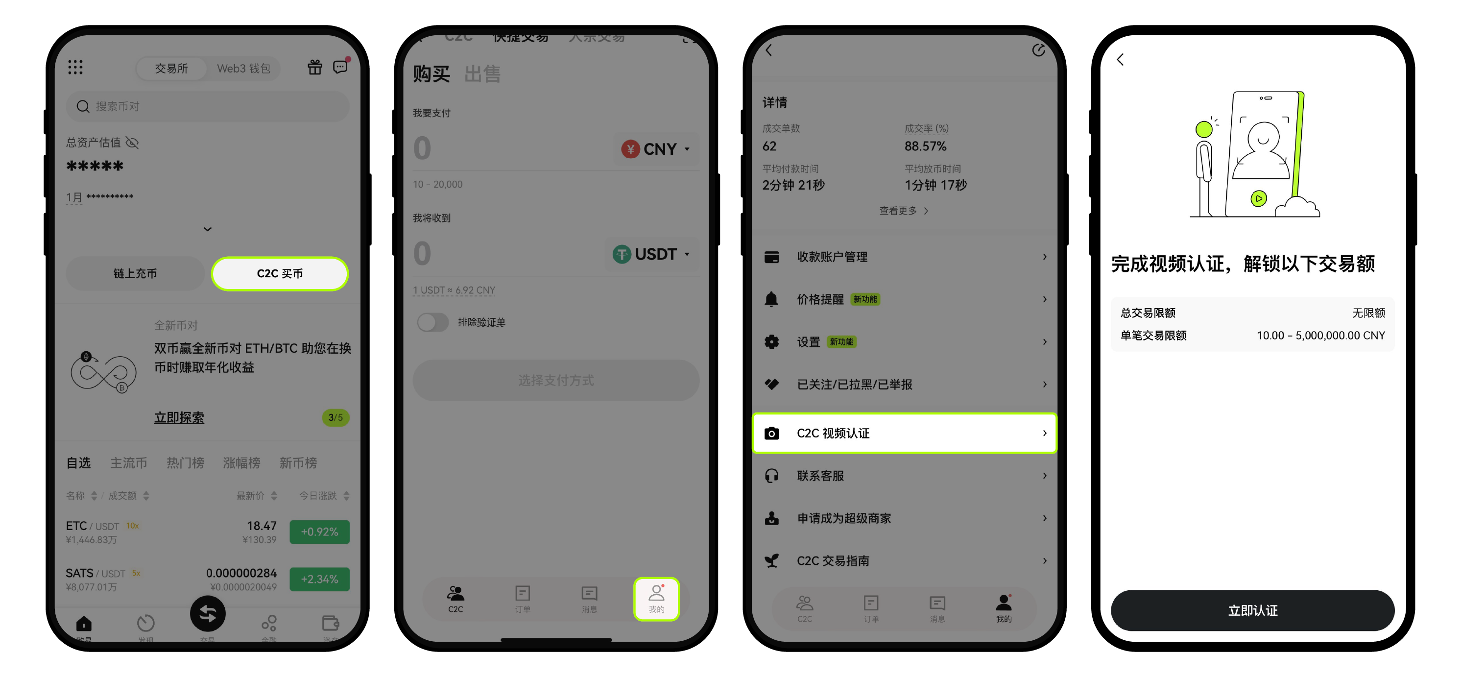 欧易C2C视频认证入口：C2C买币、我的、C2C视频认证和立即认证页面