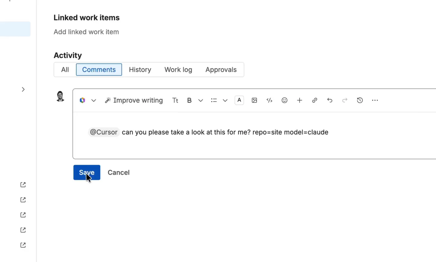 Jira 评论框中的 @Cursor 指令、repo 与 model 参数以及 Save 按钮