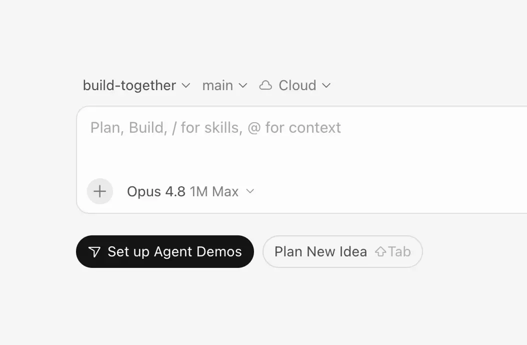 Cursor Cloud Agent 输入区上方的仓库分支选择与 Set up Agent Demos 按钮