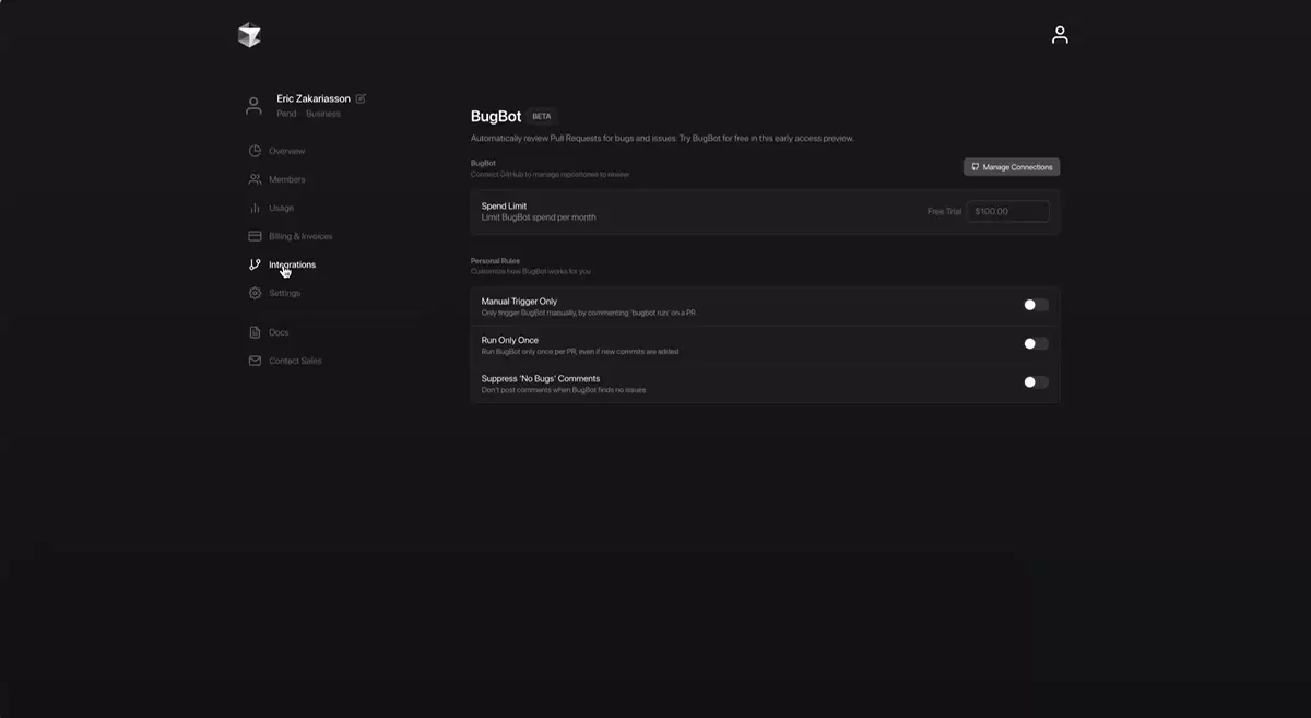 Cursor 团队仪表盘左侧 Integrations 入口与 Manage Connections 按钮