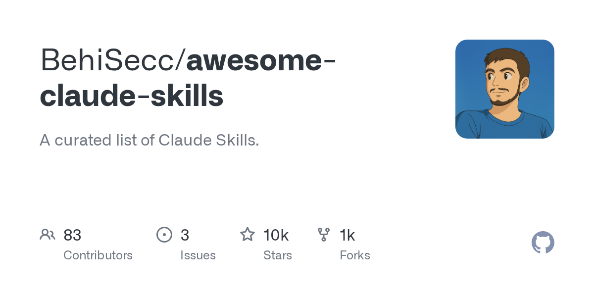 GitHub 生成的 BehiSecc awesome-claude-skills 仓库预览图，显示社区项目名称与简介