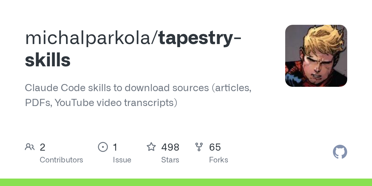 GitHub 生成的 tapestry-skills-for-claude-code 仓库预览图,显示多种内容处理技能的上游项目