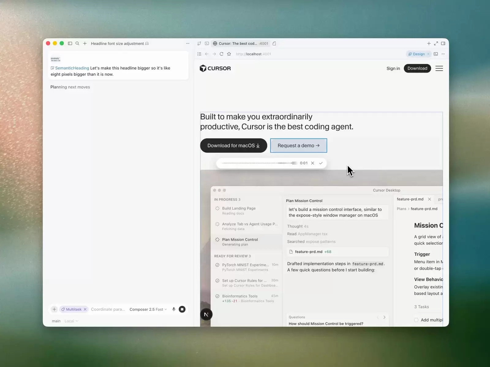 Cursor Design Mode 同时框选标题和按钮区域，并显示语音输入波形