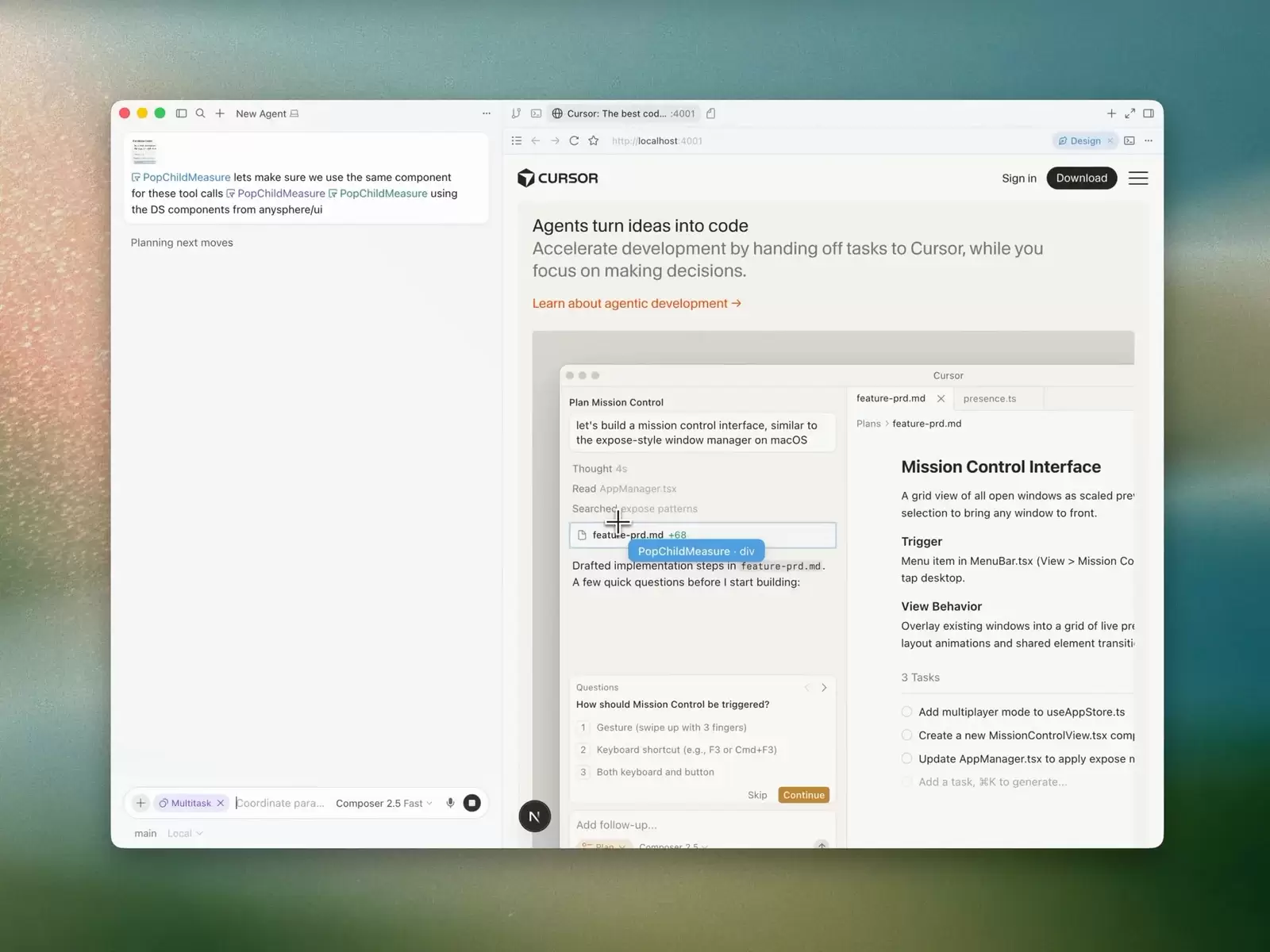 Cursor Agent 根据选中组件生成实施计划，右侧显示功能文档、源文件和任务列表
