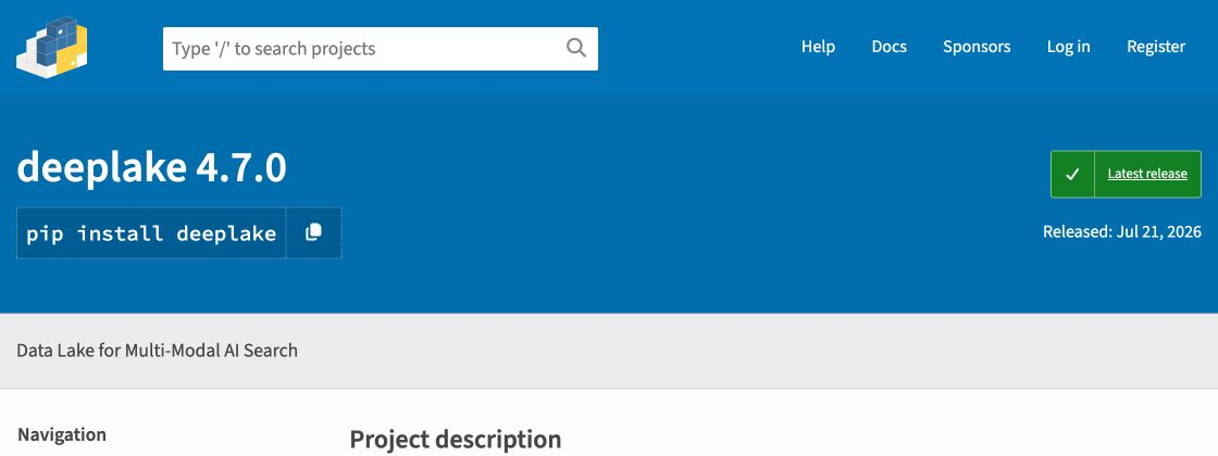 PyPI 页面显示 deeplake 4.7.0 与 pip 安装命令