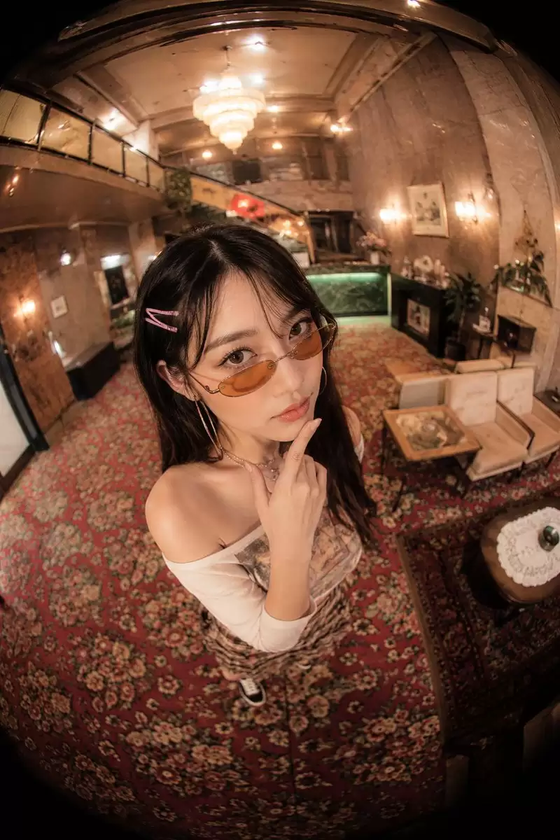 鱼眼镜头复古酒店大堂肖像