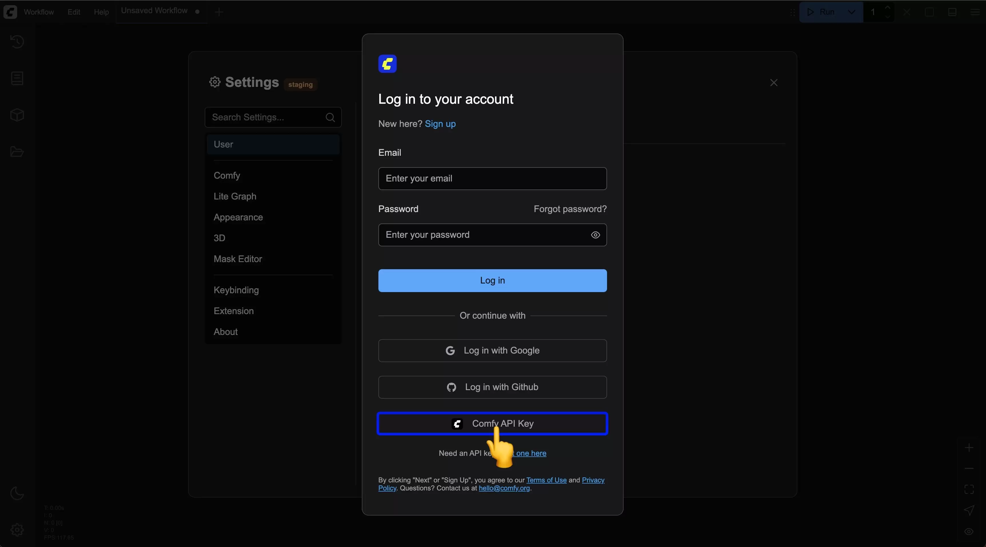 ComfyUI 登录弹窗中的邮箱、Google、GitHub 与 Comfy API Key 登录选项