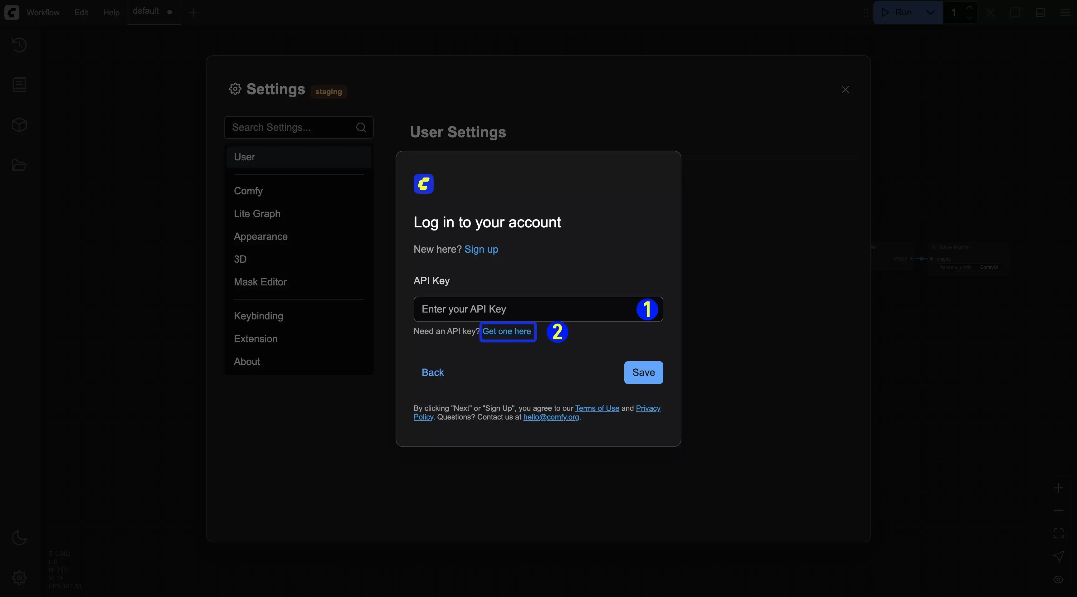 ComfyUI Comfy API Key 登录表单的 API Key 输入框、Get one here 与 Save 按钮